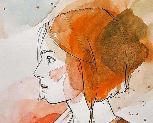 art-4178302-web Gezeichnetes Porträt einer Frau von der Seite mit Farbtupfern aus dem Spektrum der Orangetöne