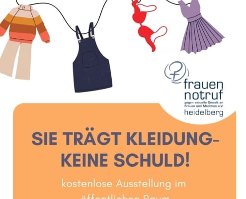 Flyer zur Ausstellung "Sie trägt Kleidung - keine Schuld!"