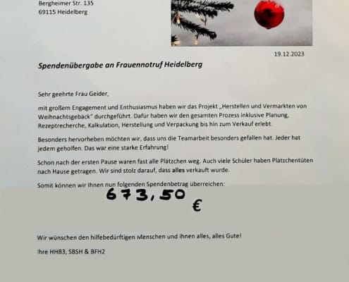 Brief der Auszubildenden der Marie-Baum-Schule an den Frauennotruf Heidelberg