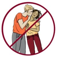 Mann küsst eine Frau, die das nicht möchte. Die Szene ist in einem roten Kreis dargestellt und durchgestrichen.