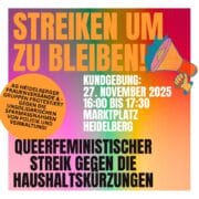 Information zur Kundgebung der Heidelberger Frauen-AG am 27.11.2025 von 16:00 bis 17:30 auf dem Marktplatz Heidelberg als Protest gegen die Haushaltskürzungen
