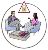 Zwei Personen, die miteinander sprechen in einer vertraulichen Beratungssituation